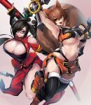  2girls :d abs animal_ears antenna_hair arm_up armpits bangs bare_shoulders black_bra black_hair black_legwear black_panties black_shirt black_sleeves blazblue boots bra breasts brown_eyes brown_hair china_dress chinese_clothes cleavage cleavage_cutout clenched_hands clothing_cutout collarbone commentary_request commission crop_top dress dual_wielding eyebrows_visible_through_hair fingerless_gloves floating full_body glasses gloves green_ribbon groin hair_between_eyes hair_ornament hair_ribbon highleg highleg_panties holding holding_weapon knee_boots large_breasts litchi_faye_ling long_hair looking_at_viewer makoto_nanaya multicolored_hair multiple_girls navel open_mouth orange_shirt orange_skirt panda panties parted_lips partial_commentary pelvic_curtain ponytail purple_eyes red_dress red_eyes revealing_clothes ribbon semi-rimless_eyewear shirt short_hair shoulder_cutout side_slit sidelocks simple_background skeb_commission skindentation skirt sleeveless sleeveless_shirt smile sowel_(sk3) squirrel_ears squirrel_girl squirrel_tail standing standing_on_one_leg stomach tail thighhighs tonfa two-tone_hair two-tone_shirt under-rim_eyewear underboob underwear upper_teeth very_long_hair weapon white_hair yin_yang 