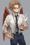  1boy artist_name bangs bespectacled black-framed_eyewear black_pants blonde_hair boku_no_hero_academia breast_pocket cigarette collared_shirt commentary cowboy_shot cup diagonal-striped_neckwear diagonal_stripes disposable_cup earrings feathered_wings glasses grey_background hand_up hawks_(boku_no_hero_academia) holding holding_cigarette id_card jewelry kadeart long_sleeves looking_at_viewer male_focus necktie pants pocket red_wings semi-rimless_eyewear shirt shirt_tucked_in short_hair simple_background solo standing striped striped_neckwear teeth watermark white_shirt wings 