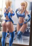  1girl ass bangs billygrilly blonde_hair blue_eyes breasts detached_sleeves earbuds earphones highres holding holding_phone leggings looking_at_mirror metroid midriff mirror muscular phone ponytail samus_aran shiny shiny_skin sports_bra sportswear sweat thighs tongue tongue_out weights 