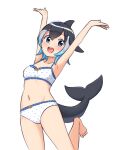  1girl :d armpits arms_up bangs barefoot blowhole blue_eyes blue_hair bra breasts collarbone commentary common_dolphin_(kemono_friends) dolphin_tail dorsal_fin hair_between_eyes highres kemono_friends looking_at_viewer multicolored_hair navel open_mouth panties polka_dot polka_dot_bra polka_dot_panties shiraha_maru short_hair simple_background small_breasts smile solo twitter_username underwear underwear_only upper_teeth white_background white_hair 