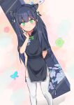  1girl absurdres animal_ear_fluff animal_ears arm_behind_back arm_up azibiraki_yuhiro bangs black_dress black_hair blue_archive blunt_bangs china_dress chinese_clothes dress eyebrows_visible_through_hair green_eyes hand_on_own_cheek hand_on_own_face highres long_hair looking_at_viewer short_sleeves shun_(blue_archive) smile solo thighhighs tiger_ears tiger_girl two_side_up white_legwear 