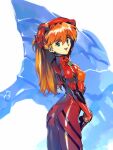  1girl :d arm_up ass bangs blue_eyes bodysuit breasts cowboy_shot hair_between_eyes long_hair looking_at_viewer neon_genesis_evangelion open_mouth optionaltypo orange_hair pilot_suit plugsuit red_bodysuit small_breasts smile solo souryuu_asuka_langley 