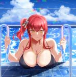 1girl azur_lane bikini black_bikini blue_sky breast_rest breasts cloud highres huge_filesize italian_flag kuromame_teruru large_breasts looking_at_viewer multi-strapped_bikini multiple_straps o-ring o-ring_bikini official_alternate_costume outdoors pool_ladder poolside red_hair side_ponytail sky solo swimsuit water wet wet_clothes whistle whistle_around_neck yellow_eyes zara_(azur_lane) zara_(poolside_coincidence)_(azur_lane) 