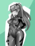  1girl :&lt; cameltoe closed_mouth collarbone covered_collarbone covered_navel covered_nipples eyebrows_visible_through_hair gloves greyscale hair_between_eyes half-closed_eyes hand_on_hip highres long_hair mon_eree monochrome neon_genesis_evangelion plugsuit shiny shiny_clothes solo souryuu_asuka_langley turtleneck twintails 