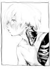  1boy absurdres blush border from_side frown greyscale highres hole_in_chest hole_on_body looking_at_viewer looking_to_the_side male_focus monochrome niwarhythm nude original profile ribs sideways_glance skeleton solo spine upper_body white_border 