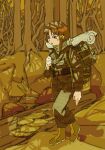  1girl absurdres backpack bag bangs brown_hair forest full_body hair_ornament highres iwakura_lain nature pantsu-ripper serial_experiments_lain shadow solo standing sweatdrop walking 