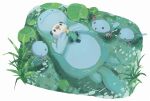  afloat black_eyes closed_mouth commentary_request evolutionary_line from_above lily_pad lying no_humans on_back open_mouth oshawott pokemon pokemon_(creature) ponimu quagsire seashell shell smile water wooper 