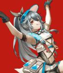  1girl armpits arms_up bangs black_gloves blue_headwear blurry blurry_background closed_mouth fu_hua fu_hua_(herrscher_of_sentience) gloves grey_hair hair_between_eyes highres honkai_(series) honkai_impact_3rd long_hair looking_at_viewer navel ponytail qbird449 red_background simple_background sleeveless solo summer_uniform tongue tongue_out 