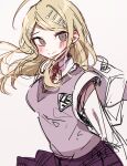  1girl ahoge akamatsu_kaede arms_behind_back backpack bag bangs blonde_hair blush brown_eyes collared_shirt danganronpa_(series) danganronpa_v3:_killing_harmony hair_ornament highres long_hair long_sleeves musical_note_hair_ornament parted_bangs patzzi pink_vest purple_skirt randoseru shirt sketch skirt vest white_bag white_shirt 