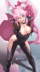  1girl absurdres animal_ear_fluff animal_ears bangs black_bodysuit blush bodysuit bow breasts center_opening cleavage collarbone commentary_request fate/grand_order fate_(series) fox_ears fox_girl fox_tail glasses hair_between_eyes hair_bow highres hip_vent koyanskaya_(fate) large_breasts long_hair looking_at_viewer pink_bow pink_hair ponytail pretty-purin720 revision sidelocks smile solo tail tamamo_(fate) thighs yellow_eyes 