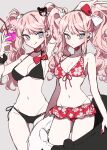  2girls 3j_dangan bangs bare_arms bare_shoulders bikini black_bikini black_choker blue_eyes bow breasts choker cleavage collarbone commentary_request cosplay cup danganronpa:_trigger_happy_havoc danganronpa_(series) danganronpa_s:_ultimate_summer_camp drinking_glass drinking_straw enoshima_junko enoshima_junko_(cosplay) eyebrows_visible_through_hair floral_print freckles frown grey_background groin hair_ornament highres holding ikusaba_mukuro innertube long_hair looking_at_another looking_at_viewer medium_breasts monokuma multiple_girls nail_polish navel red_bikini red_bow red_nails shiny shiny_hair skirt stomach swimsuit thigh_gap tongue tongue_out twintails 