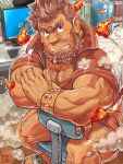  1boy absurdres arm_hair bara beard blush brown_hair bunta_ru chest_hair dark-skinned_male dark_skin facial_hair fire hairy highres jacket jinn_(tokyo_houkago_summoners) leg_hair looking_at_viewer male_focus mature_male monitor muscular muscular_male no_pants old old_man open_clothes open_jacket pectoral_cleavage pectorals sandals short_hair sitting sleeves_rolled_up solo sweatdrop thighs tokyo_houkago_summoners track_jacket translation_request unibrow wrinkled_skin 