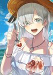  1girl age_nasuo anastasia_(fate) anastasia_(swimsuit_archer)_(fate) beach bracelet fate/grand_order fate_(series) fingernails food hat highres ice_cream jewelry long_hair pendant signature silver_hair spoon straw_hat 