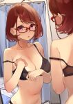  1girl 92m :o ahoge bangs bare_arms bare_shoulders bikini_tan black_bra black_panties blush bra breasts brown_hair cleavage collarbone commentary_request eyebrows_visible_through_hair glasses highres indoors large_breasts mirror navel open_mouth original panties red-framed_eyewear red_eyes reflection short_hair solo stomach strap_slip swept_bangs tan tanlines underwear underwear_only 