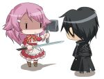  1boy 1girl black_coat black_hair boots brown_footwear chibi coat commentary_request cross-laced_footwear dress frilled_dress frills hair_ornament hairclip hammer inaba_shiki kirito lace-up_boots lisbeth pink_hair red_dress short_hair simple_background standing sword sword_art_online weapon white_background 