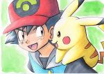  1boy :d ash_ketchum bangs baseball_cap black_hair black_shirt brown_eyes buttons commentary_request hair_between_eyes hat highres male_focus oka_mochi on_shoulder open_mouth pikachu pokemon pokemon_(anime) pokemon_(creature) pokemon_on_shoulder pokemon_rse_(anime) red_headwear shirt short_hair smile spiked_hair tongue traditional_media upper_body 