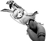  1girl animal_ears arm_behind_back arm_up asymmetrical_gloves azur_lane blush breasts elbow_gloves eyebrows_visible_through_hair fake_animal_ears gloves greyscale highleg highleg_leotard highres hori_(hori_no_su) large_breasts leotard monochrome open_mouth pantyhose playboy_bunny rabbit_ears reno_(azur_lane) reno_(reno_bunnino)_(azur_lane) simple_background solo white_background 
