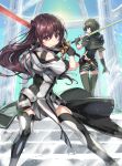  2girls armor black_gloves braid brown_eyes brown_hair capelet closed_mouth clothing_cutout column cover cover_page dai-xt feet_out_of_frame gloves green_eyes green_gloves green_hair green_legwear grey_legwear grey_skirt highres holding holding_weapon kuro_no_shoukanshi long_hair looking_at_viewer multiple_girls pillar short_hair short_shorts shorts shoulder_cutout skirt sky smile stairs sun sword thighhighs weapon 