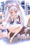  1girl animal_ears ayanami_(azur_lane) azur_lane bangs bare_arms bare_legs barefoot blue_bow blush bow camisole character_doll commentary_request covering_mouth eyebrows_visible_through_hair fake_animal_ears full_body hairband hands_up highres indoors irokari javelin_(azur_lane) laffey_(azur_lane) long_hair looking_at_viewer manjuu_(azur_lane) panties rabbit_ears red_eyes red_hairband sitting solo strap_slip striped striped_panties stuffed_animal stuffed_bunny stuffed_toy teddy_bear underwear very_long_hair white_hair z23_(azur_lane) 