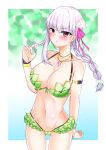  1girl armlet ass_visible_through_thighs bangs bare_shoulders bikini blush bracelet braid braided_ponytail breasts cleavage collarbone earrings eyebrows_visible_through_hair fate/grand_order fate_(series) flower frills green_bikini hair_flower hair_ornament hair_ribbon highres jewelry kama_(fate) kama_(swimsuit_avenger)_(fate) large_breasts long_hair looking_at_viewer lotus necklace pendant red_eyes ribbon silver_hair solo swimsuit thighs yumeneko_nyaa 