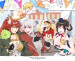  :d animal_ear_fluff animal_ears animal_on_shoulder black_gloves breasts character_request cleavage copyright_name cup dango dessert eating fingerless_gloves fire flame_dancer_kyouka food fork fox_ears gloves hair_between_eyes hair_rings hat highres holding holding_cup large_breasts multicolored_hair open_mouth pixiv_fantasia pixiv_fantasia_age_of_starlight rabbit_ears raymond_detouch red_eyes red_hair smile streaked_hair string_of_flags studded_bracelet studded_gloves suspenders tail ueomi_(monokurosirokuro) uvic_(pixiv_fantasia_age_of_starlight) wagashi werewolf_witch_zakuro wings yellow_eyes 