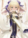  1girl ahoge artoria_pendragon_(caster)_(fate) artoria_pendragon_(fate) bangs black_gloves blonde_hair blue_bow bow breasts cleavage_cutout closed_mouth clothing_cutout commentary_request dress elbow_gloves excalibur_(fate/stay_night) eyebrows_visible_through_hair facial_mark fate/grand_order fate_(series) floating_hair forehead_mark gloves glowing glowing_sword glowing_weapon green_eyes hair_bow highres holding holding_sword holding_weapon long_hair looking_at_viewer medium_breasts neko_daruma parted_bangs sidelocks smile solo sword twintails weapon white_dress wide_sleeves 