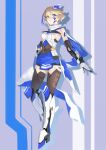  1girl android aqua_eyes arm_tattoo armor armored_boots bangs black_gloves black_legwear blonde_hair blue_hair blue_skirt boots breasts commentary covered_navel drop_shadow elbow_gloves faulds full_body gloves hair_ornament hand_on_hip high_heels highres joints knee_boots level9kaito looking_at_viewer medium_breasts miniskirt multicolored_hair nate_(world_flipper) navel parted_lips pencil_skirt purple_background scarf short_hair sideboob sidelocks simple_background skirt solo standing streaked_hair striped striped_background swept_bangs tattoo teeth thighhighs two-sided_scarf two-tone_hair v-shaped_eyebrows vambraces white_footwear white_scarf world_flipper 