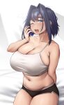  1girl bed black_hair blue_eyes breasts cleavage crop_top highres hololive huge_breasts looking_at_viewer messy_hair midriff one_eye_closed ouro_kronii roresu short_shorts shorts sitting tank_top thighs virtual_youtuber white_background yawning 
