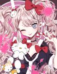  1girl 3j_dangan ;p alternate_hair_ornament bangs black_choker black_shirt blonde_hair bow breasts candy candy_cane cat_hair_ornament choker cleavage collarbone commentary_request cosplay danganronpa:_trigger_happy_havoc danganronpa_(series) enoshima_junko enoshima_junko_(cosplay) eyebrows_visible_through_hair food hair_bow hair_ornament hand_up hello_kitty highres holding holding_candy_cane long_hair looking_at_viewer medium_breasts nail_polish necktie one_eye_closed pink_background red_bow red_nails shirt short_sleeves sketch smile solo tongue tongue_out twintails white_background white_neckwear 