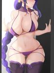  1girl bare_shoulders bikini braid braided_ponytail breasts cleavage collarbone detached_collar genshin_impact hair_ornament head_out_of_frame highres houraku large_breasts long_hair looking_at_viewer mole mole_under_eye navel parted_lips purple_bikini purple_hair purple_legwear raiden_shogun swimsuit thighhighs thighs 