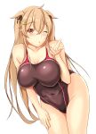  1girl blonde_hair blowing_kiss blush breasts brown_eyes competition_swimsuit hair_ornament highleg highres kantai_collection large_breasts leaning_forward long_hair looking_back montemasa murasame_(kancolle) one-piece_swimsuit one_eye_closed open_mouth swimsuit tied_hair 