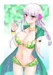  1girl armlet ass_visible_through_thighs bangs bare_shoulders bikini blush bracelet braid braided_ponytail breasts cleavage collarbone earrings eyebrows_visible_through_hair fate/grand_order fate_(series) flower frills green_bikini green_vest hair_flower hair_ornament hair_ribbon highres hood hooded_vest hoodie jewelry kama_(fate) kama_(swimsuit_avenger)_(fate) large_breasts long_hair looking_at_viewer lotus necklace pendant red_eyes ribbon silver_hair solo swimsuit thighs vest yumeneko_nyaa 
