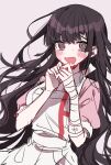  1girl :d @_@ apron bandaged_arm bandages bangs black_hair blush breasts commentary_request danganronpa_(series) danganronpa_2:_goodbye_despair eyebrows_visible_through_hair grey_background highres long_hair looking_at_viewer messy_hair mole mole_under_eye monochrome open_mouth own_hands_together patzzi puffy_short_sleeves puffy_sleeves purple_hair short_sleeves simple_background skirt smile solo tsumiki_mikan upper_body very_long_hair 