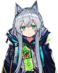  1girl animal_ears arknights bangs bottle cat_ears cat_girl cloak closed_mouth earpiece eyebrows_visible_through_hair fingerless_gloves gloves green_eyes harlequin-wheels holding holding_bottle hood hood_down hooded_cloak long_hair mountain_dew rosmontis_(arknights) silver_hair soda_bottle solo 