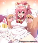  1girl animal_ear_fluff animal_ears animal_hands apron bangs bare_shoulders bell blush bow breasts cat_hair_ornament cat_paws claws collar commentary_request eyebrows_visible_through_hair fang fate/grand_order fate_(series) fox_ears fox_tail frills gloves gradient gradient_background hair_between_eyes hair_bow hair_ornament highres hinghoi jingle_bell large_breasts long_hair looking_at_viewer lying maid_headdress naked_apron neck_bell on_back on_bed open_mouth orange_background patreon_username paw_gloves pillow pink_hair ponytail red_bow revision sidelocks single_thighhigh slit_pupils smile solo spread_legs tail tamamo_(fate) tamamo_cat_(fate) thighhighs thighs watermark web_address white_legwear yellow_eyes 