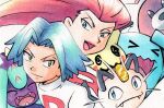  1boy 1girl :d bewear blue_eyes blue_hair closed_mouth commentary_request green_eyes highres jacket james_(pokemon) jessie_(pokemon) lipstick logo long_hair makeup mareanie meowth mimikyu oka_mochi open_mouth pokemon pokemon_(anime) pokemon_(creature) pokemon_sm_(anime) red_hair short_hair smile team_rocket team_rocket_uniform tongue traditional_media upper_body white_jacket wobbuffet 