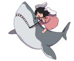  1girl :3 animal_ears bangs barefoot black_hair carrot_necklace commentary_request damenaito dress floppy_ears highres holding holding_reins inaba_tewi jewelry necklace open_mouth pink_dress rabbit_ears reins riding_shark shark sharp_teeth short_hair short_sleeves simple_background slit_pupils solo teeth touhou white_background 