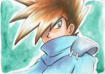  1boy bangs blue_cloak blue_oak brown_hair cloak commentary_request green_background green_eyes hair_over_one_eye highres looking_down male_focus medium_hair oka_mochi outline pokemon pokemon_adventures shoulder_pads single_shoulder_pad solo spiked_hair traditional_media upper_body 