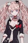  1girl bangs bear_hair_ornament black_bra black_choker black_neckwear black_shirt blue_eyes bow bra breasts choker cleavage closed_mouth collarbone danganronpa:_trigger_happy_havoc danganronpa_(series) enoshima_junko hair_ornament highres long_hair looking_at_viewer necktie patzzi red_bow shirt solo twintails underwear white_neckwear 