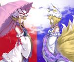  2girls blonde_hair detached_sleeves eyeshadow fox_tail hair_between_eyes hands_in_opposite_sleeves hat hat_ribbon highres holding holding_umbrella kitsune lips long_hair long_sleeves looking_at_another makeup mob_cap multiple_girls multiple_tails naked_tabard purple_eyes re_(re_09) red_eyeshadow ribbon short_hair smile tabard tail touhou umbrella yakumo_ran yakumo_yukari yellow_eyes 