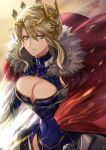  1girl absurdres armor artoria_pendragon_(fate) artoria_pendragon_(lancer)_(fate) bangs blonde_hair blue_leotard braid breasts cape cleavage cleavage_cutout closed_mouth clothing_cutout crown fate/grand_order fate_(series) faulds fur_cape green_eyes hair_between_eyes highres large_breasts leotard looking_at_viewer red_cape short_hair_with_long_locks sidelocks smile smug solo standing tarao_(13raven) 