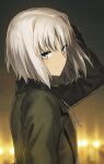  1girl 428 bangs black_jacket canaan canaan_(character) chain closed_mouth from_side grey_eyes hair_between_eyes hand_in_hair highres jacket long_sleeves okakasushi open_clothes open_jacket short_hair silver_hair smile solo upper_body 