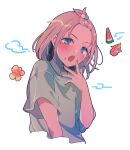  1girl :o alternate_hairstyle aqua_eyes blush cropped_torso flower food forehead fruit grey_hair hand_up idolmaster idolmaster_shiny_colors koguma_poistar looking_at_viewer round_teeth serizawa_asahi shirt short_hair simple_background solo teeth tied_hair upper_body watermelon 