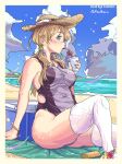  1girl anchor_hair_ornament aqua_eyes beach blonde_hair blue_sky breasts cloud commentary_request commission competition_swimsuit cooler day drinking_straw hair_ornament highres horizon kantai_collection long_hair looking_at_viewer medium_breasts ocean one-piece_swimsuit outdoors prinz_eugen_(kancolle) profile sipping skeb_commission sky solo sweat swimsuit thighhighs thrux twintails two-tone_swimsuit white_legwear 