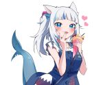  1girl animal_ears bangs blue_dress blue_eyes blue_hair blunt_bangs blush breasts cat_ears commentary crepe dress eating eyebrows_visible_through_hair fangs fangs_out fish_tail food fruit gawr_gura hair_cubes hair_ornament hand_to_own_mouth heart highres holding holding_food hololive hololive_english long_hair looking_at_viewer multicolored_hair shark_tail shirt side_ponytail simple_background solo strawberry streaked_hair symbol-only_commentary tail tongue tongue_out upper_body virtual_youtuber white_background white_hair white_shirt zzz_(illustr_speaker) 
