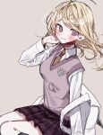  1girl 3j_dangan ahoge akamatsu_kaede backpack bag bangs blonde_hair blush breasts brown_neckwear collared_shirt commentary_request danganronpa_(series) danganronpa_v3:_killing_harmony grey_background hair_ornament hand_on_own_cheek hand_on_own_face hand_up highres kneehighs long_hair long_sleeves looking_at_viewer medium_breasts miniskirt musical_note musical_note_hair_ornament necktie pink_vest pleated_skirt purple_skirt shirt sitting skirt smile solo sweater_vest vest wavy_hair white_shirt 