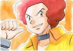  1boy afro bangle bracelet choker collared_shirt commentary_request flint_(pokemon) grey_choker grey_eyes grin hand_up highres jewelry looking_at_viewer male_focus oka_mochi orange_background outline parted_lips pokemon pokemon_(game) pokemon_dppt red_hair shirt smile solo thumbs_up traditional_media upper_body yellow_shirt 