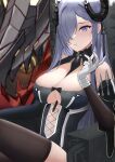  1girl absurdres august_von_parseval_(azur_lane) azur_lane bare_shoulders between_breasts black_legwear breasts cleavage curled_horns gloves hair_over_one_eye highres horns large_breasts long_hair mechanical_dragon mechanical_horns purple_eyes purple_hair rklk solo thighhighs very_long_hair white_gloves 