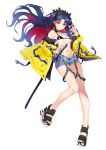  1girl alternate_costume bangs bare_shoulders bikini black_bikini black_bow black_footwear black_hair blush bow breasts choker closed_mouth collarbone denim denim_shorts earbuds earphones earrings fate/grand_order fate_(series) full_body hair_bow highres hoop_earrings ishtar_(fate)_(all) jacket jewelry katana legs long_hair long_legs long_sleeves looking_at_viewer luobo_(nsnr8754) multicolored_hair navel off_shoulder open_clothes open_jacket parted_bangs red_eyes red_hair revision sandals sheath short_shorts shorts simple_background small_breasts solo space_ishtar_(fate) swimsuit sword tiara two-tone_hair two_side_up weapon white_background yellow_jacket 