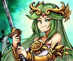  1boy 1girl armor bare_shoulders blush breasts dress final_fantasy final_fantasy_vii final_fantasy_vii_advent_children green_eyes green_hair highres jewelry kid_icarus long_hair looking_at_viewer masamune_(ffvii) palutena sephiroth shoulder_armor silver_hair simple_background smile stoic_seraphim super_smash_bros. sword tiara very_long_hair weapon white_hair 